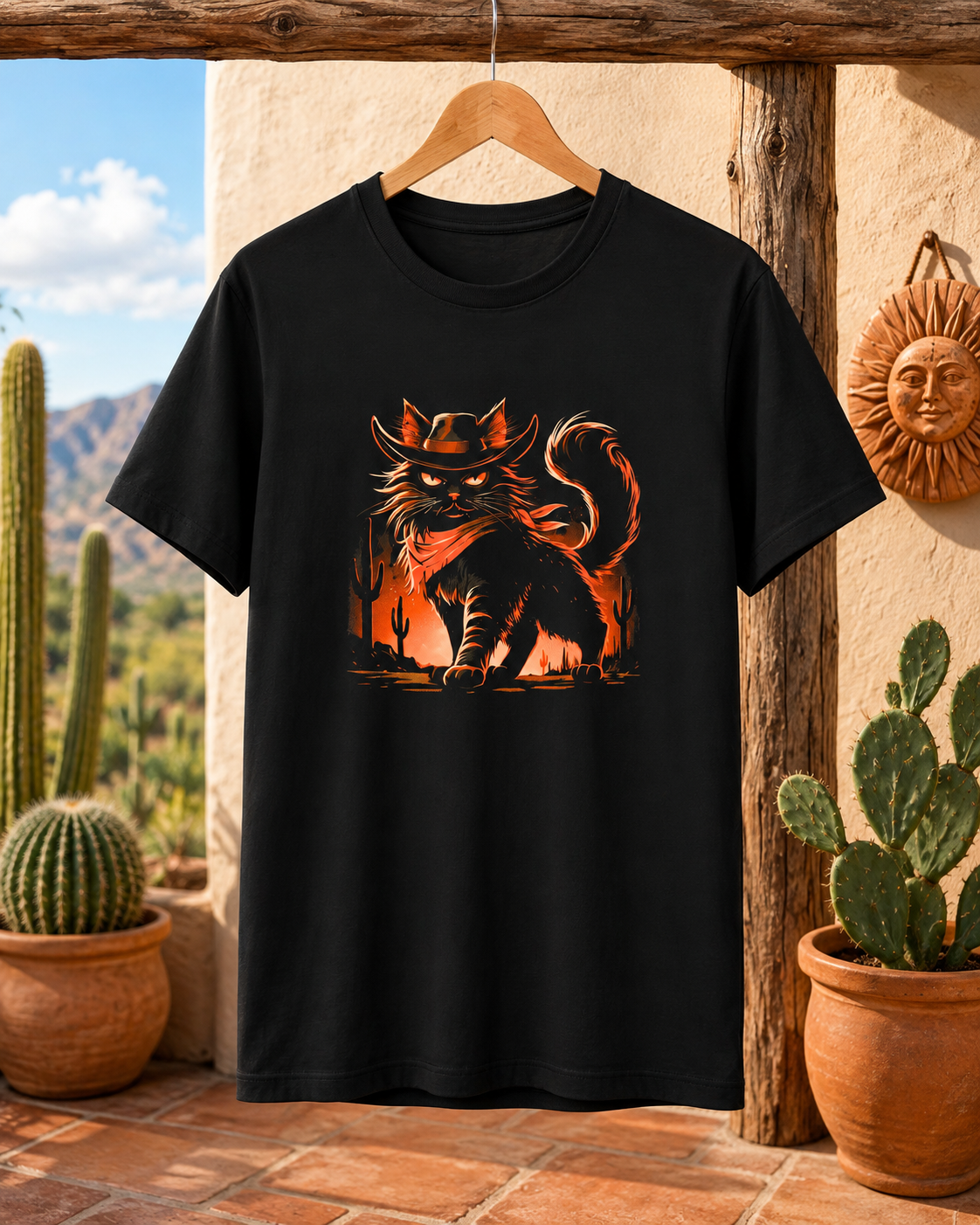 Black tee featuring a cat design hanging on a wooden hanger in a desert setting.