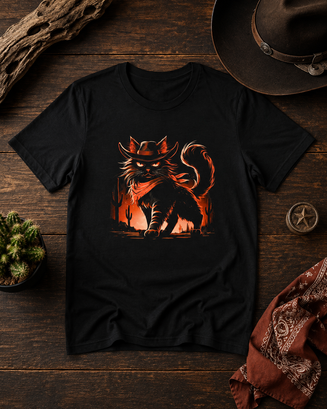 Black tee with a cat design laid on a wooden table with a cowboy hat and bandana.