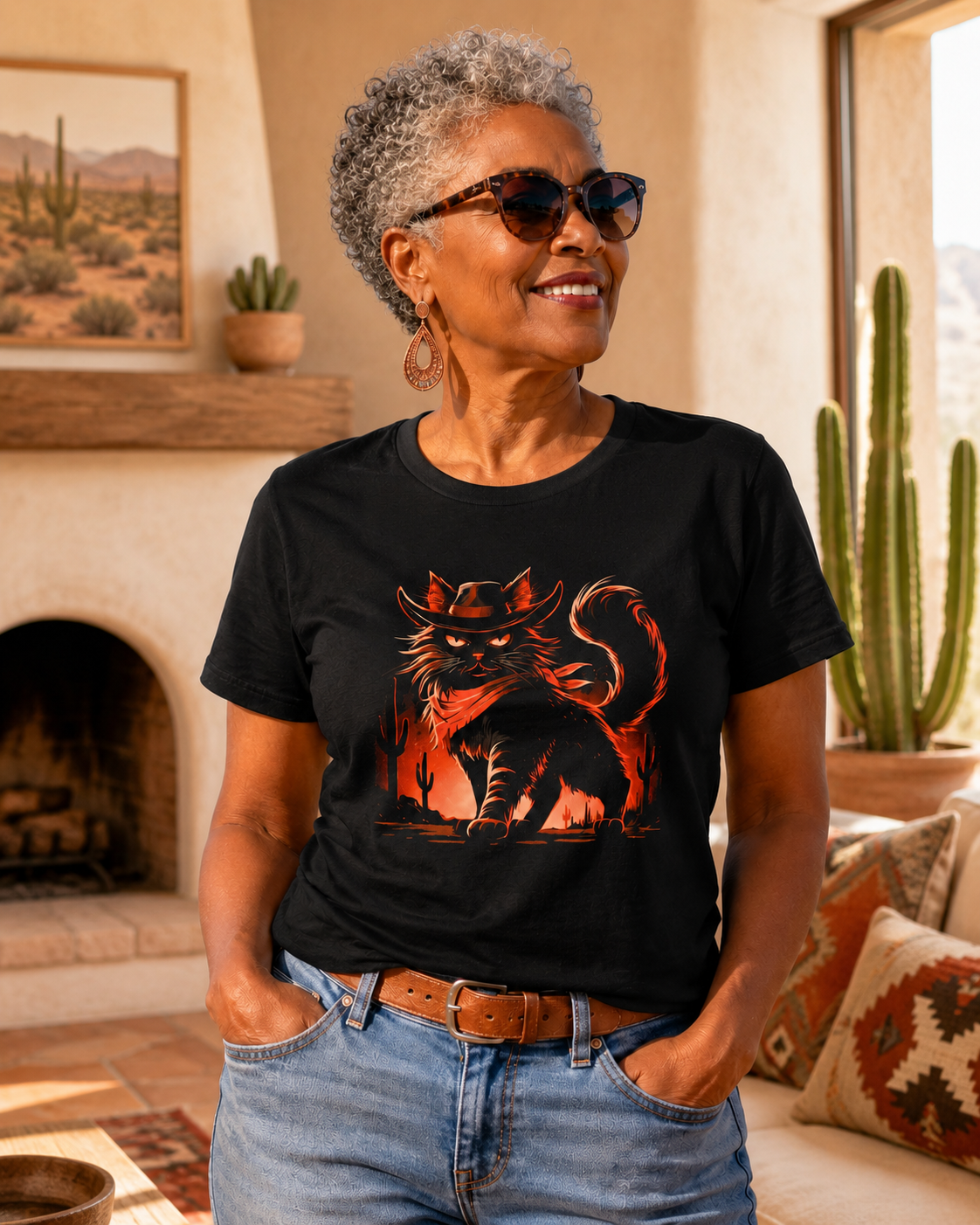 Woman wearing a black tee with a cowboy cat design, in a desert-themed room.