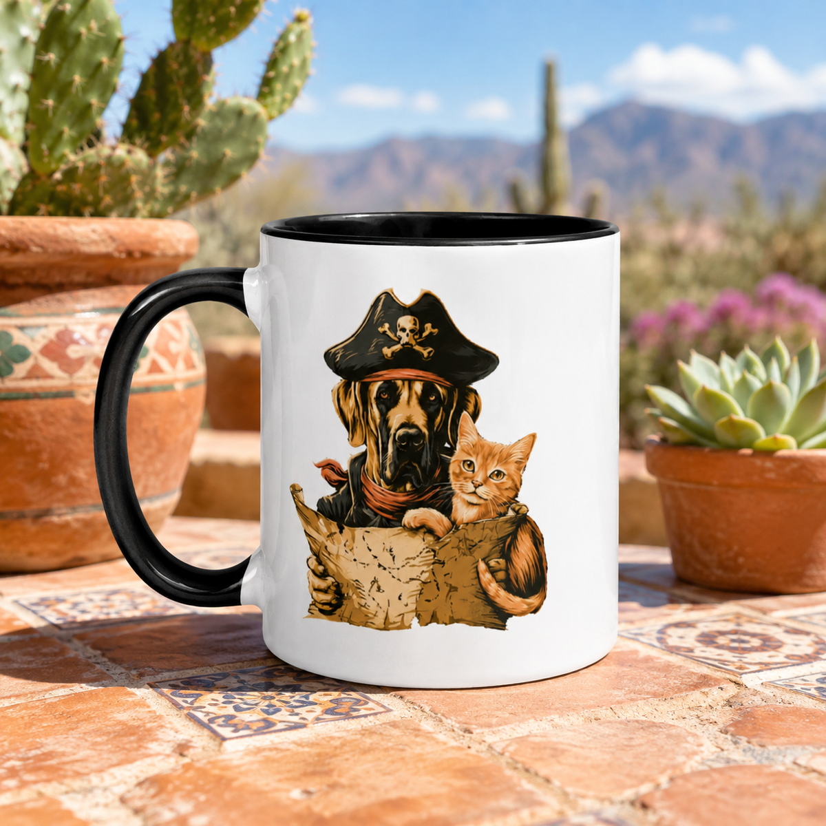 Mug featuring a pirate dog and a cat holding a treasure map, set against a desert background.