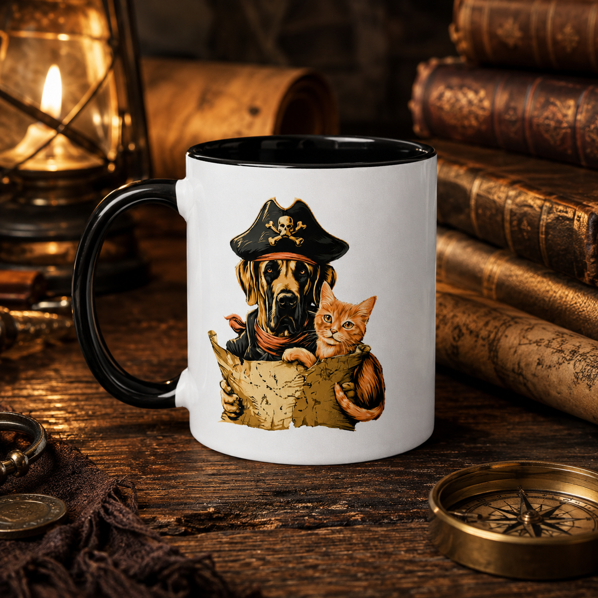 Mug with a pirate dog and cat design, surrounded by vintage books and a lantern.