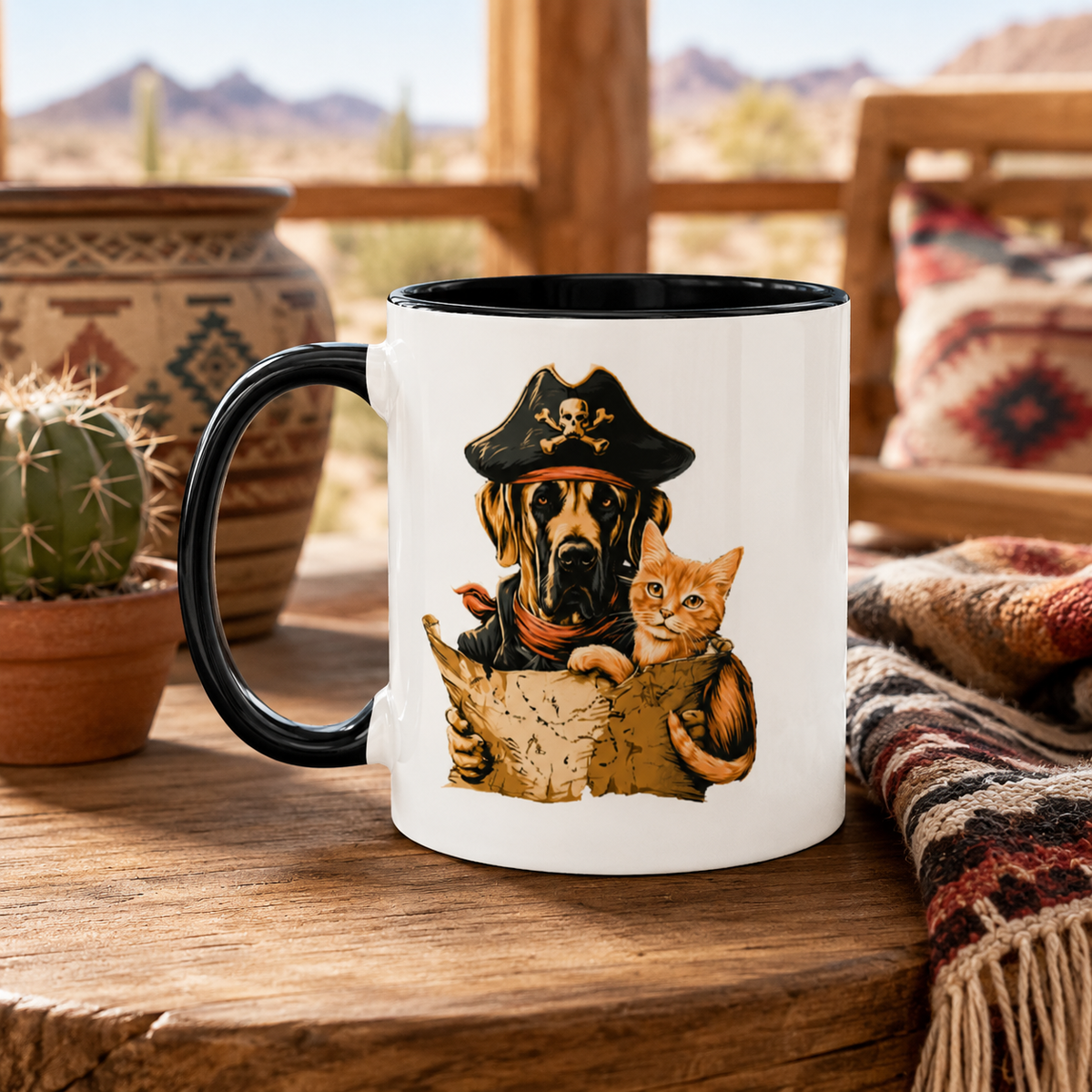 Mug with a pirate dog and cat holding a treasure map, placed on a rustic wooden table.
