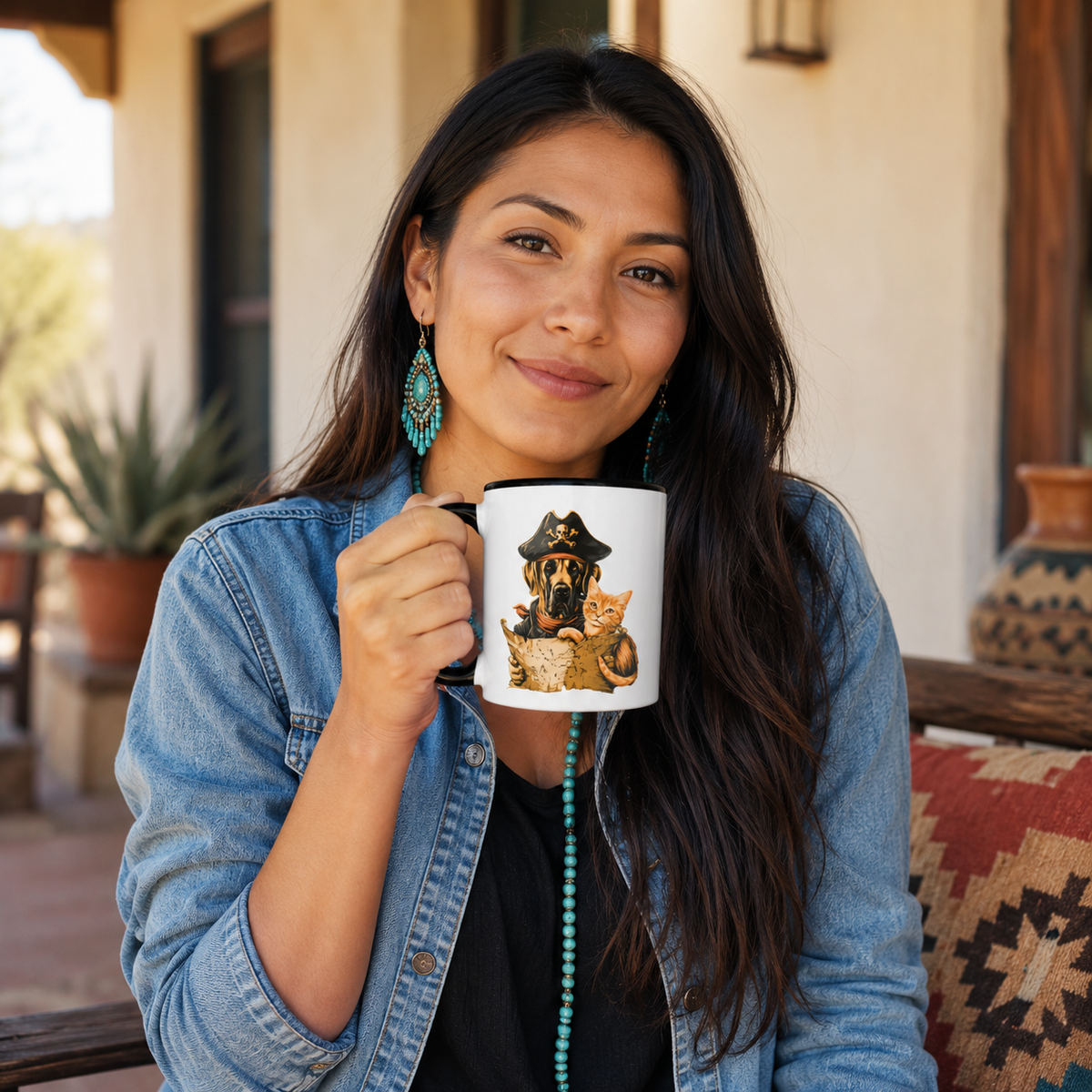 Woman holding a mug with a pirate dog and cat design, smiling outdoors.