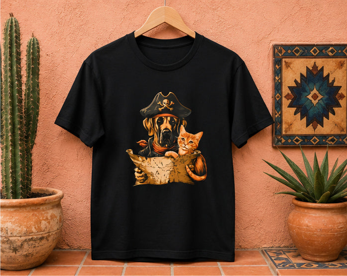 Black t-shirt with a pirate dog and cat design hanging on a wall with plants.
