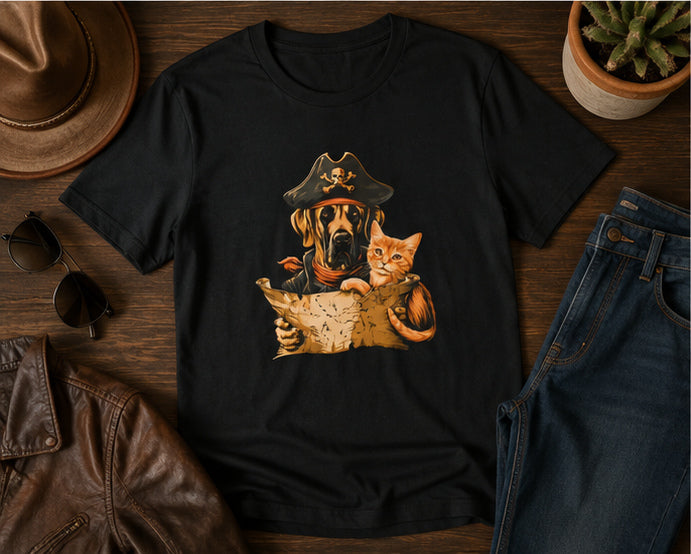 Black tee featuring a pirate dog and cat design laid on a wooden table with accessories.