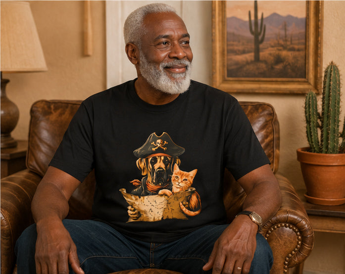 Man wearing a black tee with a pirate dog and cat design, sitting on a leather couch.