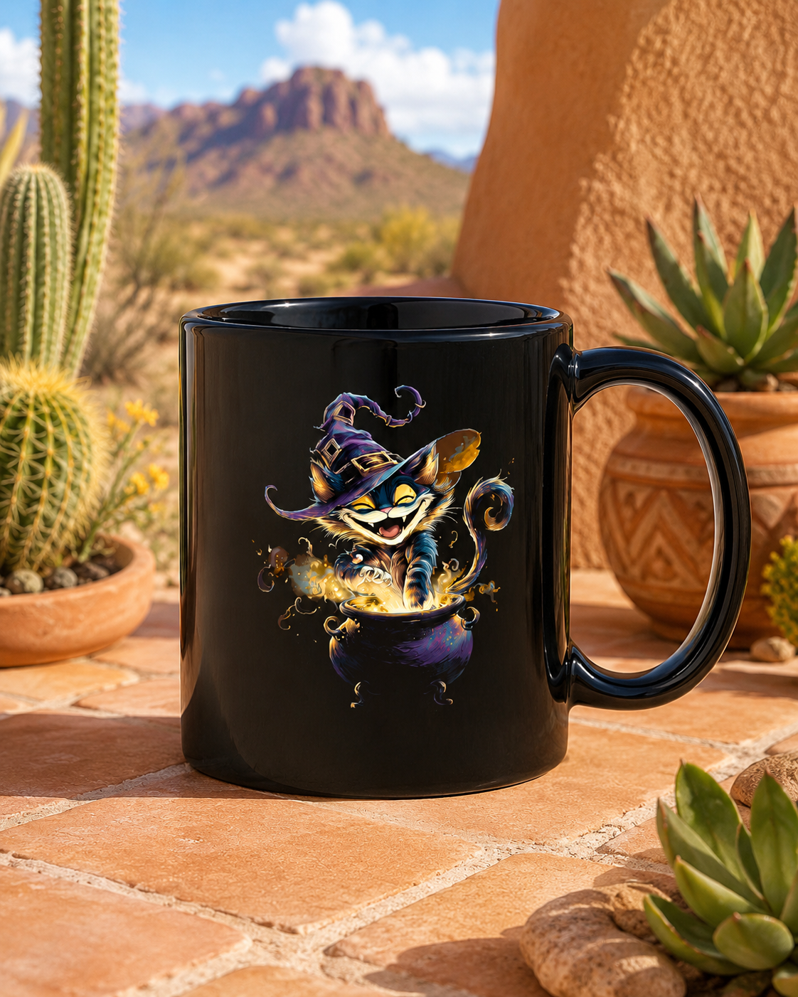 Witchy Cat Mischief Mug featuring a playful cat with a witch hat and magical elements