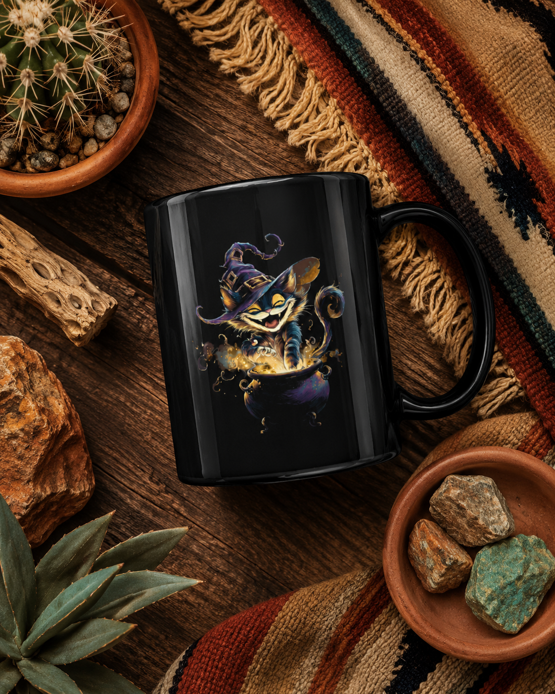 Close-up of the Witchy Cat Mischief Mug showcasing whimsical cat design and vibrant colors