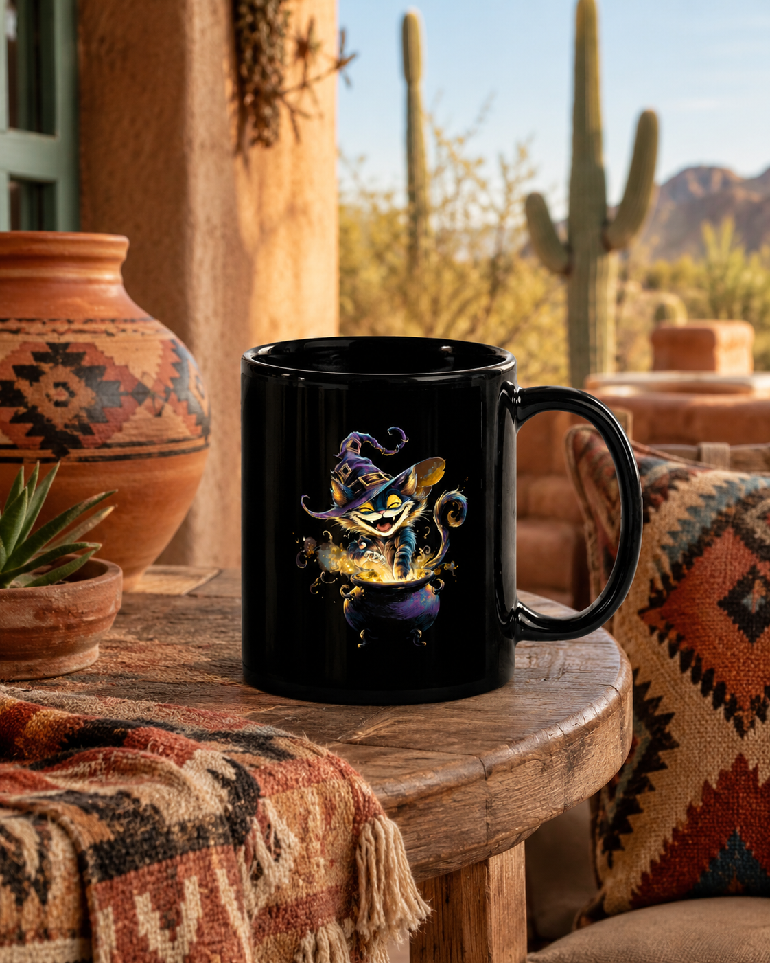 Witchy Cat Mischief Mug with a humorous cat illustration and playful text