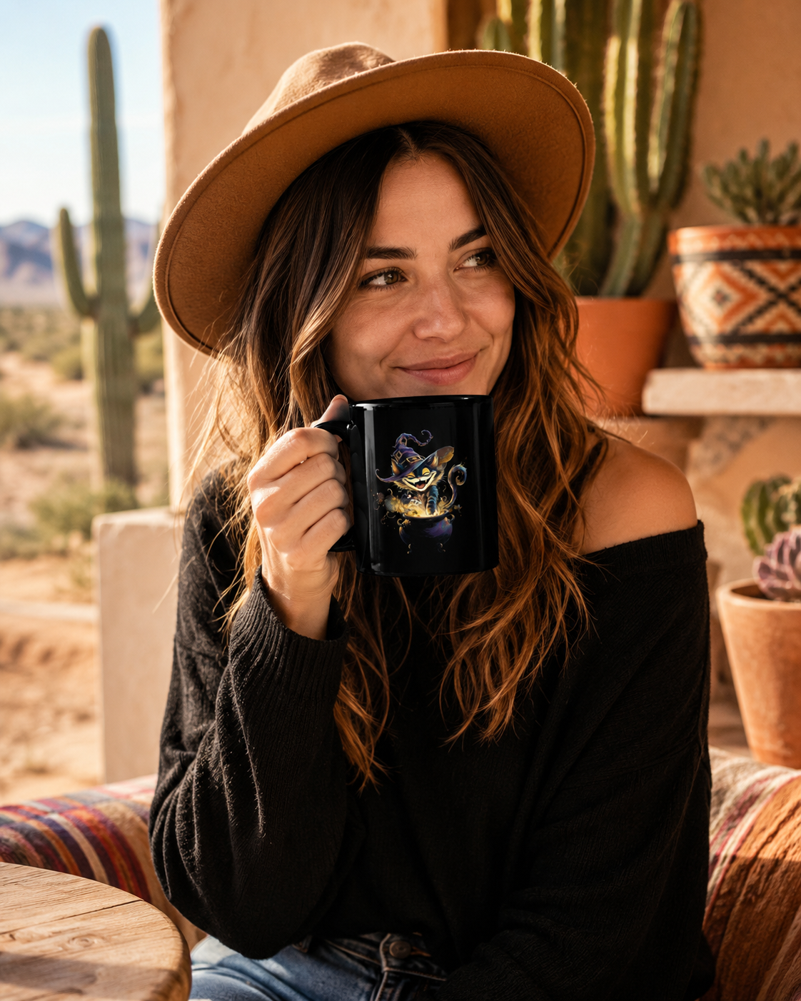 Witchy Cat Mischief Mug displayed on a table with a cozy setting, emphasizing its magical theme