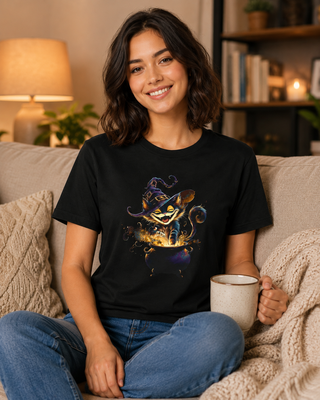 A woman sitting on a beige couch wearing a black graphic t-shirt with a colorful illustration of a witch cat in a cauldron, holding a mug in a cozy living room setting.
