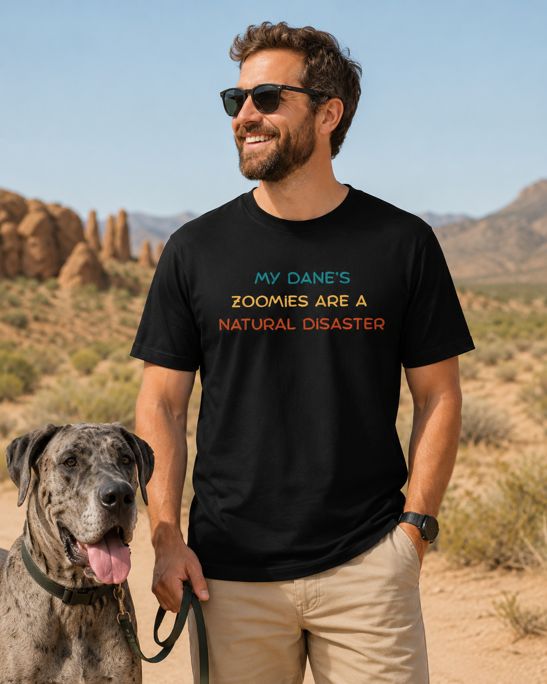 Man wearing a funny Great Dane zoomies t-shirt outdoors in the desert with a large Great Dane, casual dog owner lifestyle shirt.