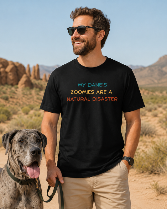 Man wearing a funny Great Dane zoomies t-shirt outdoors in the desert with a large Great Dane, casual dog owner lifestyle shirt.