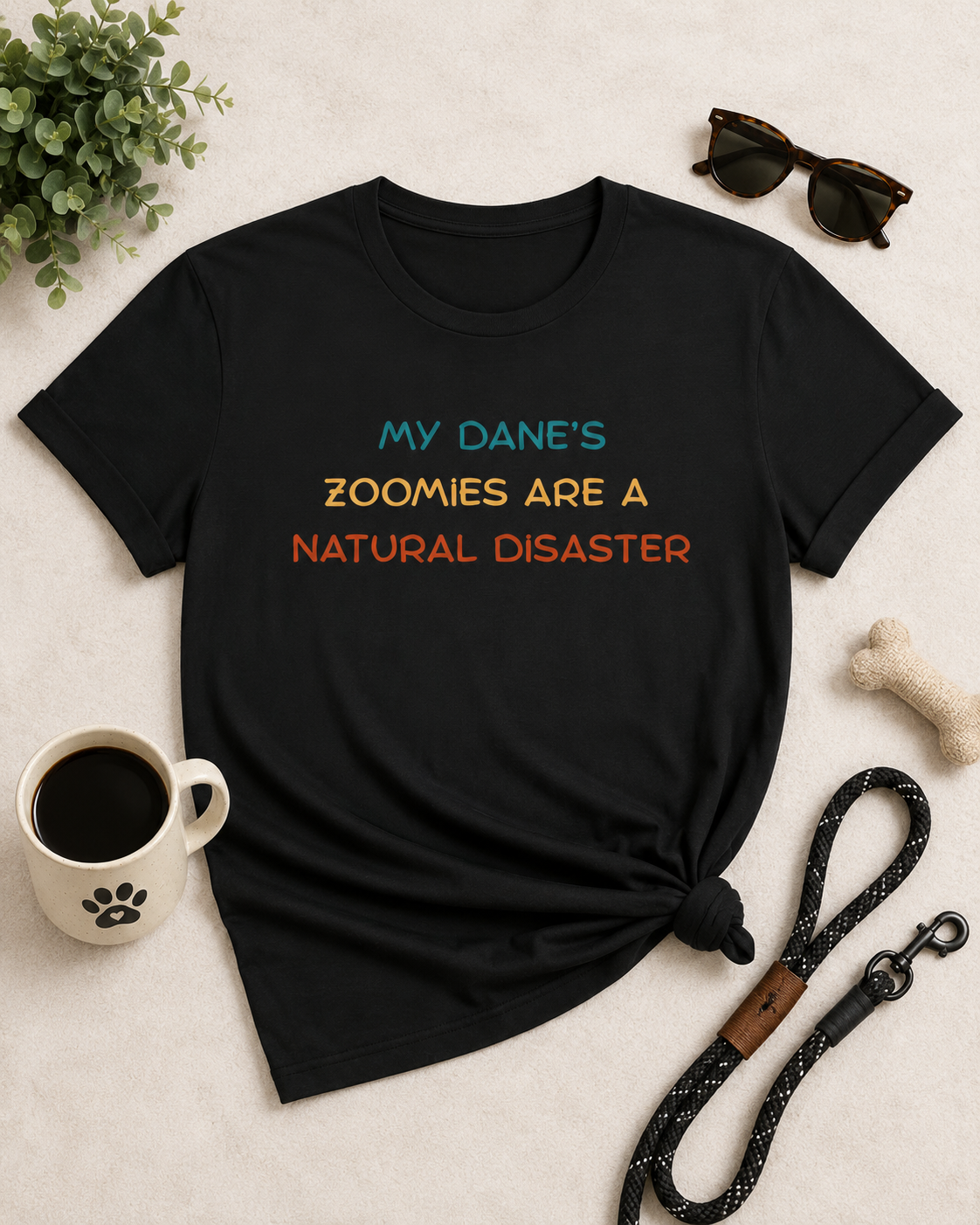 Black My Dane’s Zoomies Are a Natural Disaster t-shirt styled in a flat lay with coffee, sunglasses, leash, and dog-themed accessories.