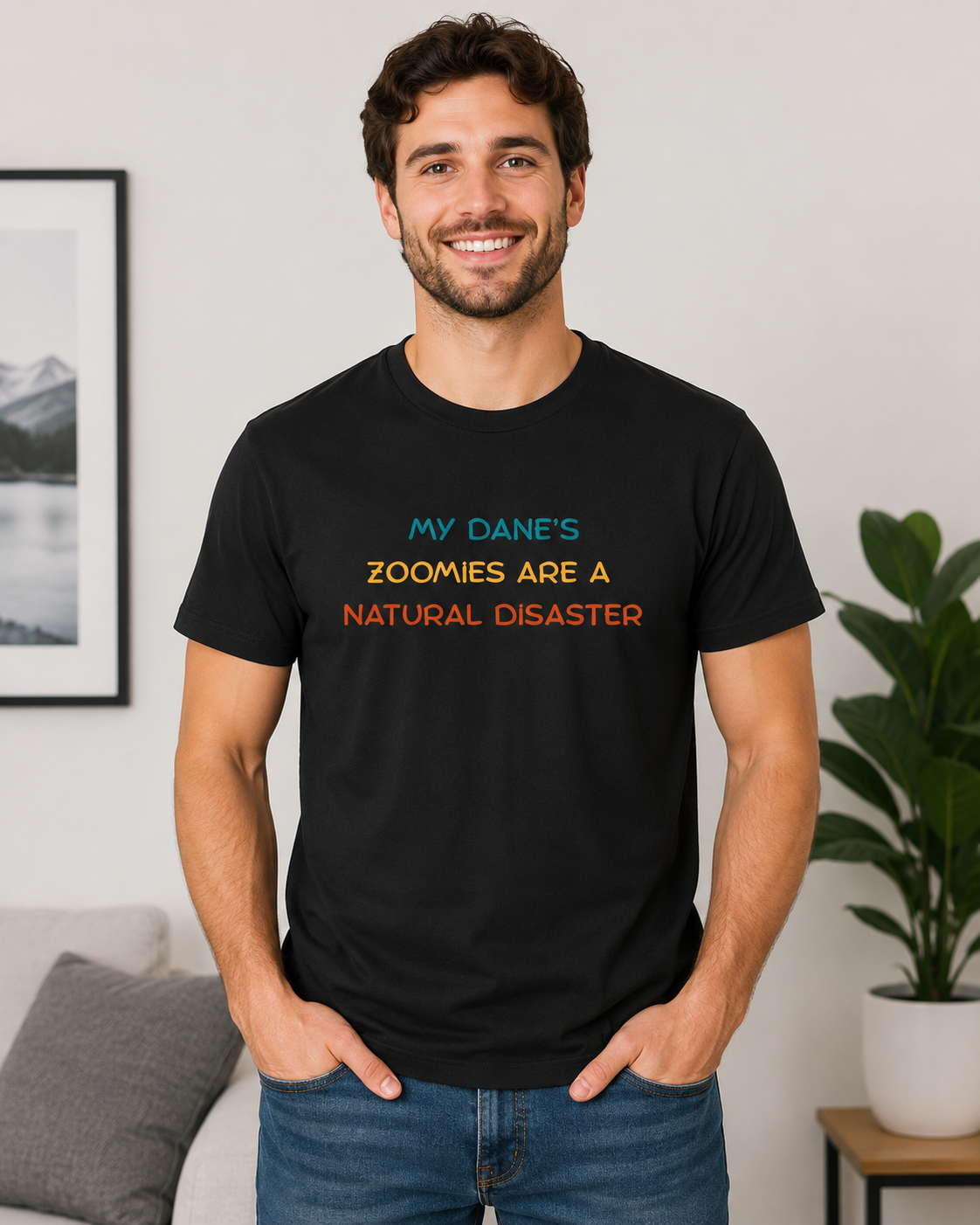 Man wearing a black My Dane’s Zoomies Are a Natural Disaster t-shirt in a clean indoor lifestyle mockup, funny dog dad shirt.