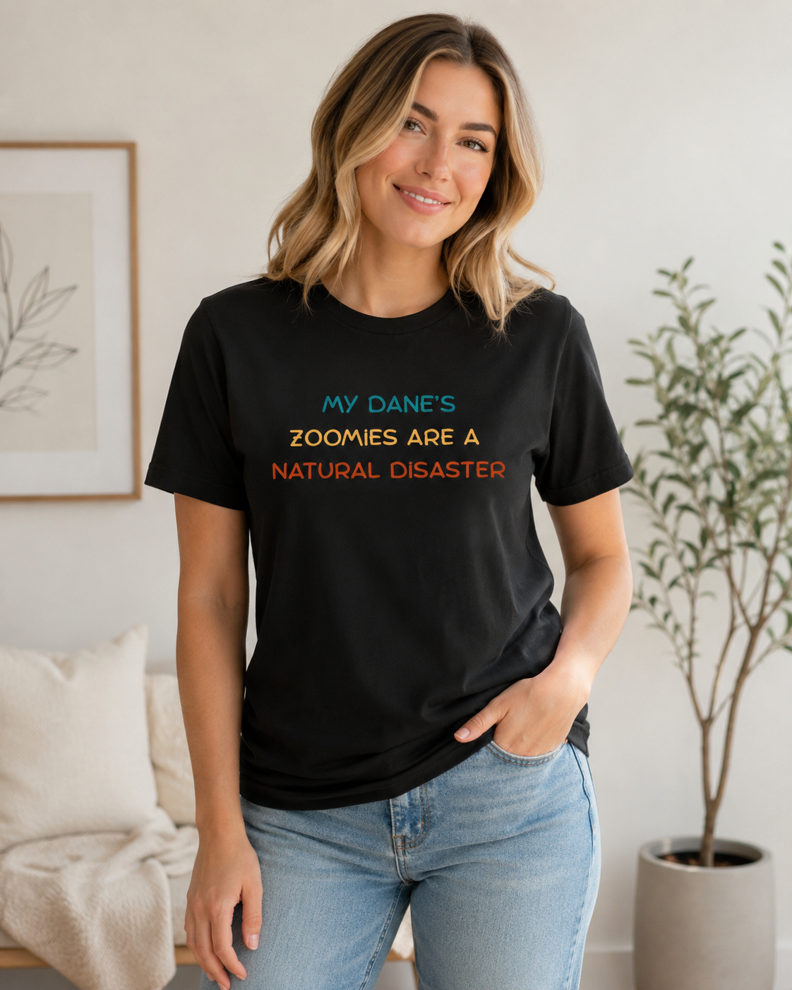 Woman wearing a black My Dane’s Zoomies Are a Natural Disaster t-shirt in a bright indoor lifestyle setting, funny Great Dane owner shirt.