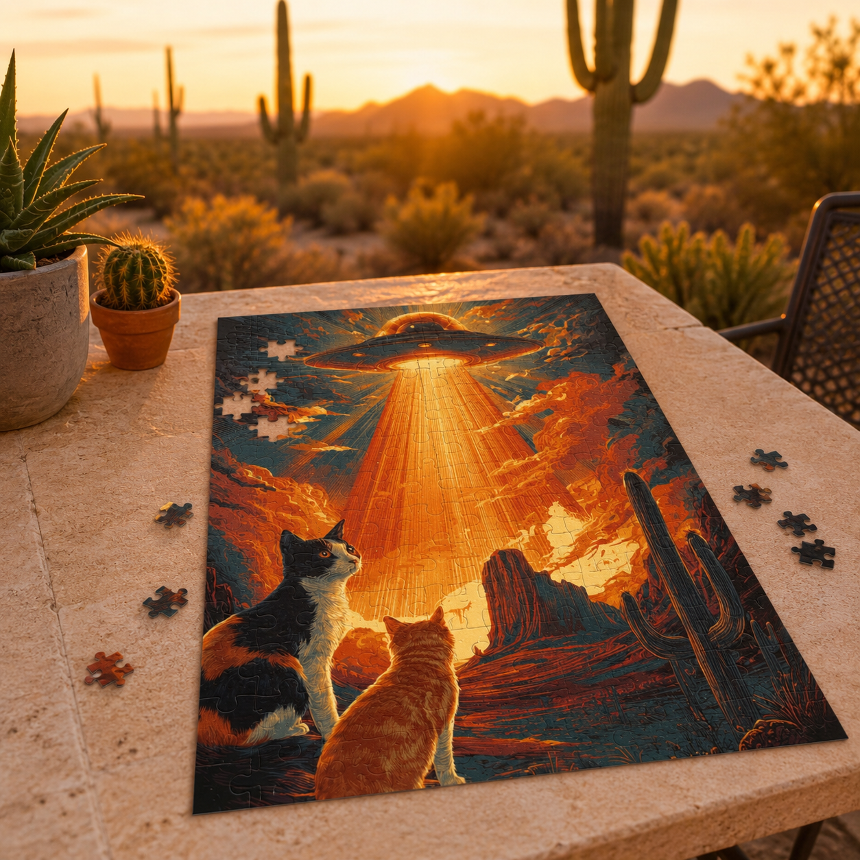 Alien desert cats UFO jigsaw puzzle with two cats watching a glowing flying saucer over a Southwest canyon and saguaro cactus.