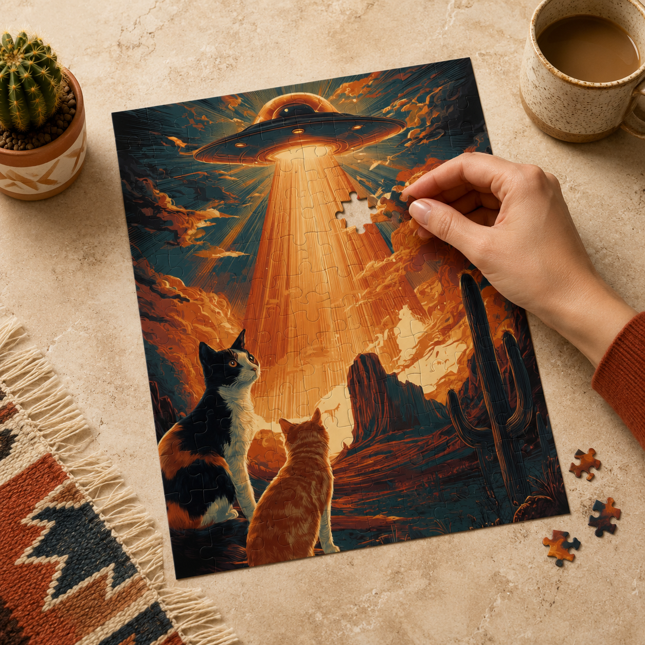 Hands assembling an alien cat UFO jigsaw puzzle on a desert-style table with coffee, cactus, and warm Southwest decor.