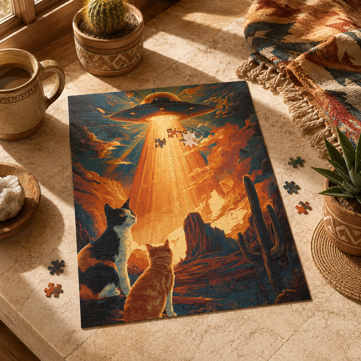 Jigsaw puzzle with a UFO and cats design on a table with a cup and plants.
