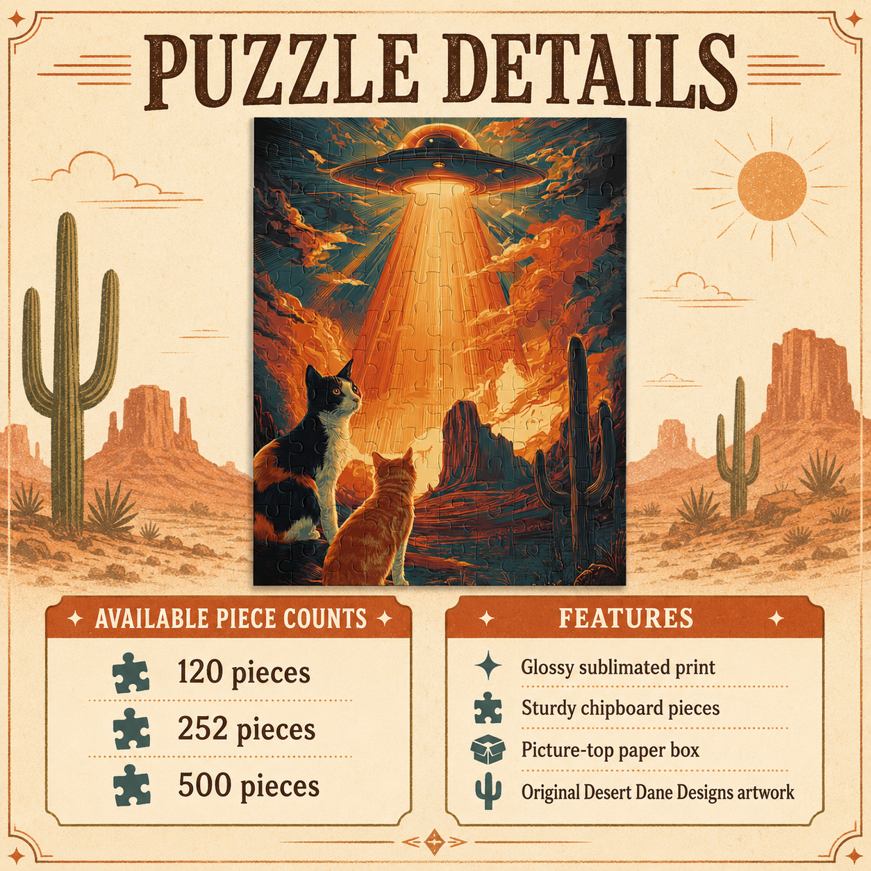 Puzzle details graphic for Alien Desert Cats UFO Jigsaw Puzzle showing 120, 252, and 500 piece options with glossy chipboard features.
