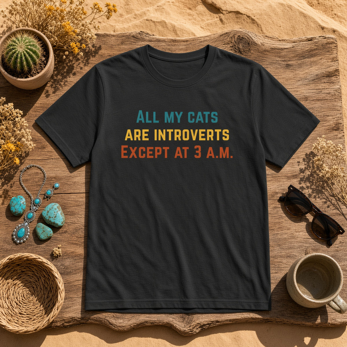 Black t-shirt featuring the text 'All My Cats Are Introverts Except at 3 A.M.' displayed on a wooden surface with accessories.