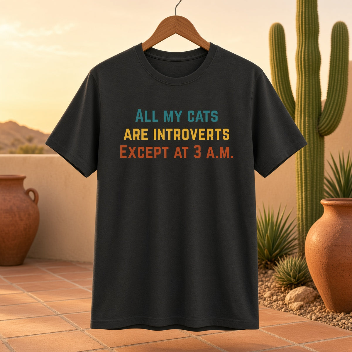 Black t-shirt with the phrase 'All My Cats Are Introverts Except at 3 A.M.' hanging against a desert backdrop.