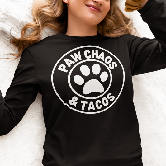 Paw Chaos & Tacos Long Sleeve T-Shirt, Funny Dog and Cat Lover Tee, Unisex Pet Humor Shirt, Taco Lover Gift for Pet Parents