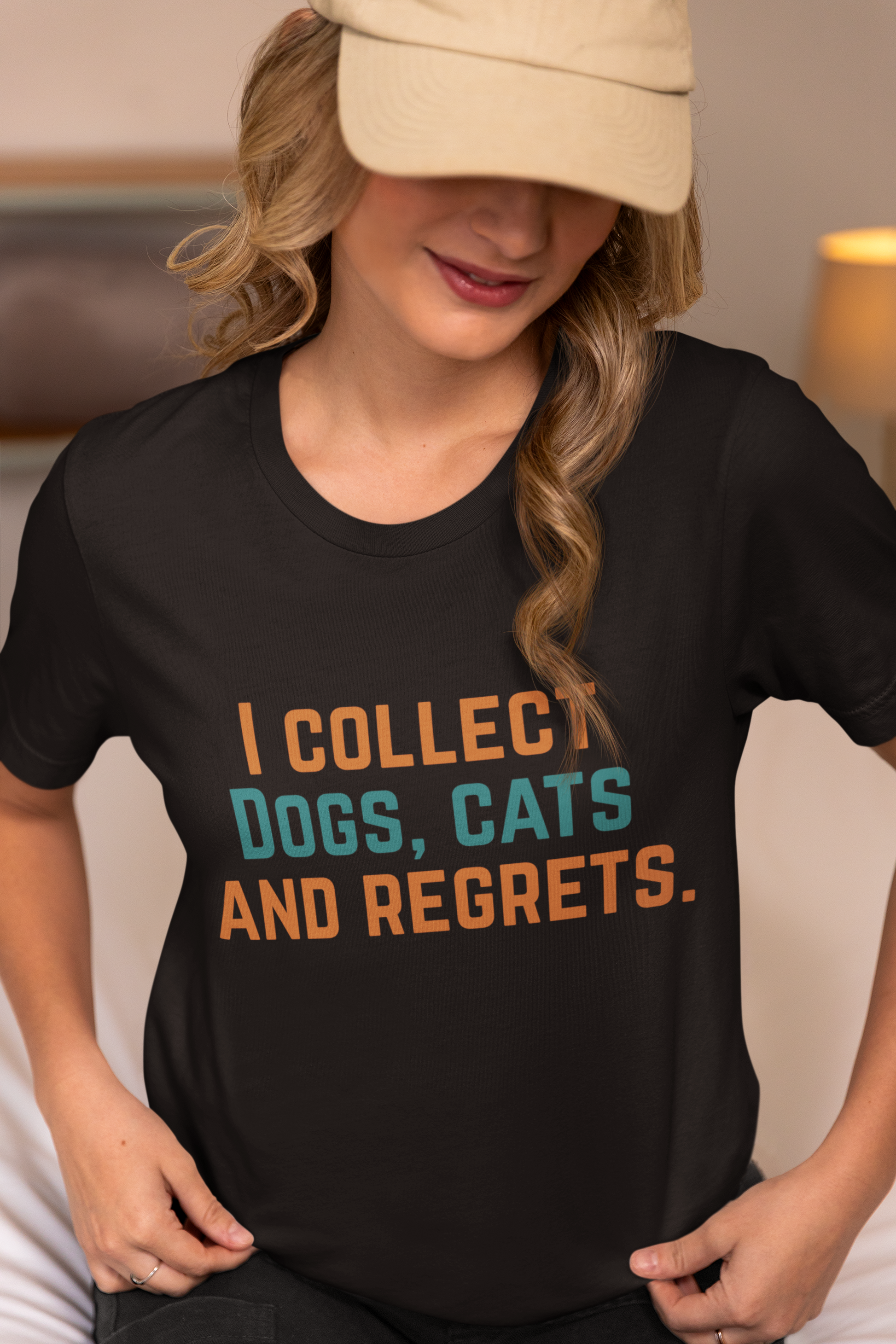 black unisex t-shirt with text I Collect Dogs, Cats and Regrets