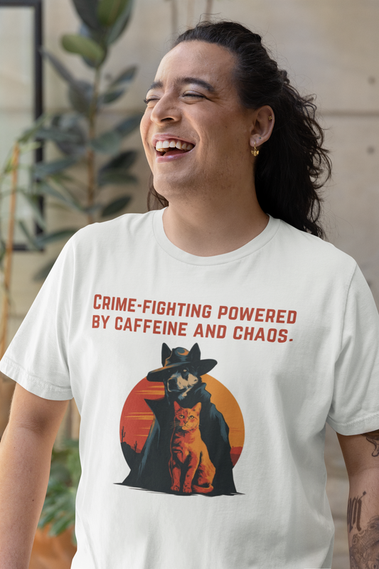 Noir Detective Dog & Orange Cat T-Shirt — Retro Crime-Fighting Pet Tee