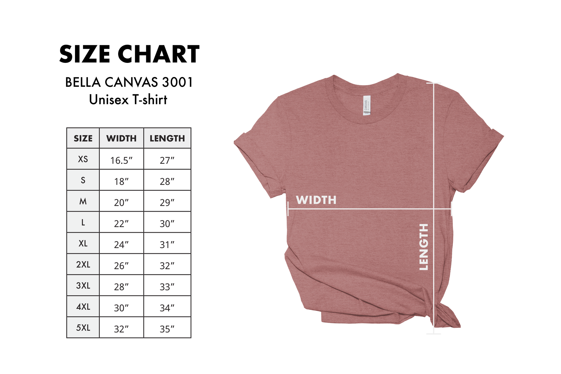 Size chart for Bella Canvas 3001 Unisex T-shirt with a maroon t-shirt on a white background.