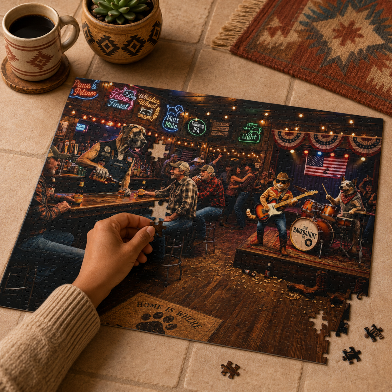 Honky tonk pet band jigsaw puzzle with orange tabby guitarist, Great Dane bartender, dog drummer, neon signs, and country bar scene