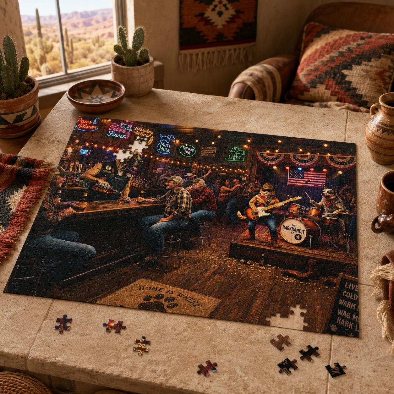 Partial finished pet band honky tonk puzzle showing cats and dogs performing in a lively country bar with neon signs and Americana decor on a table