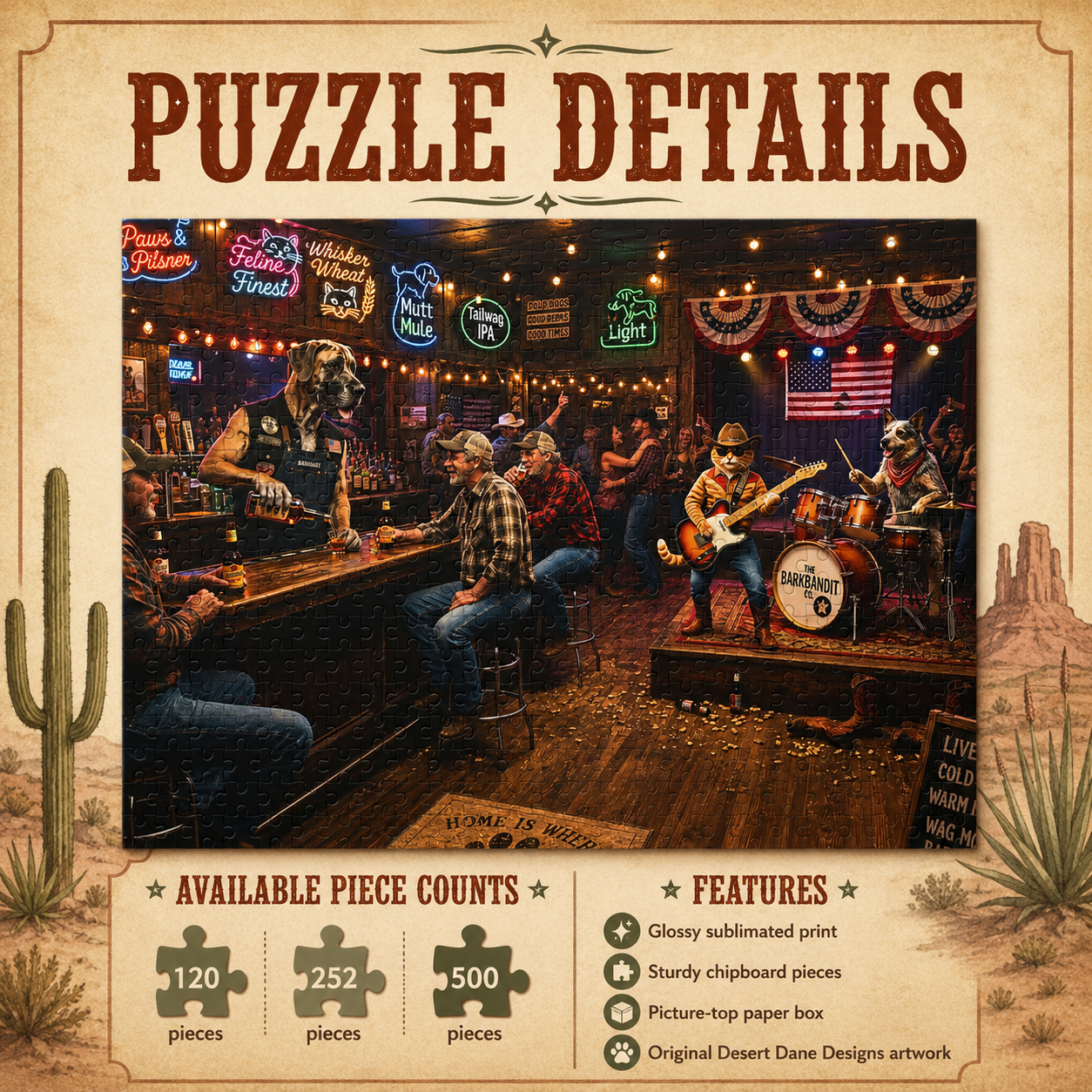Puzzle details graphic for funny pet band honky tonk jigsaw puzzle showing 120, 252, and 500 piece options with glossy print and chipboard pieces