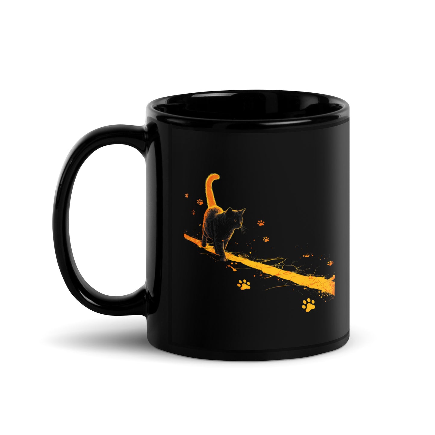 Cat chaos mug with glowing orange streak and scattered paw print design