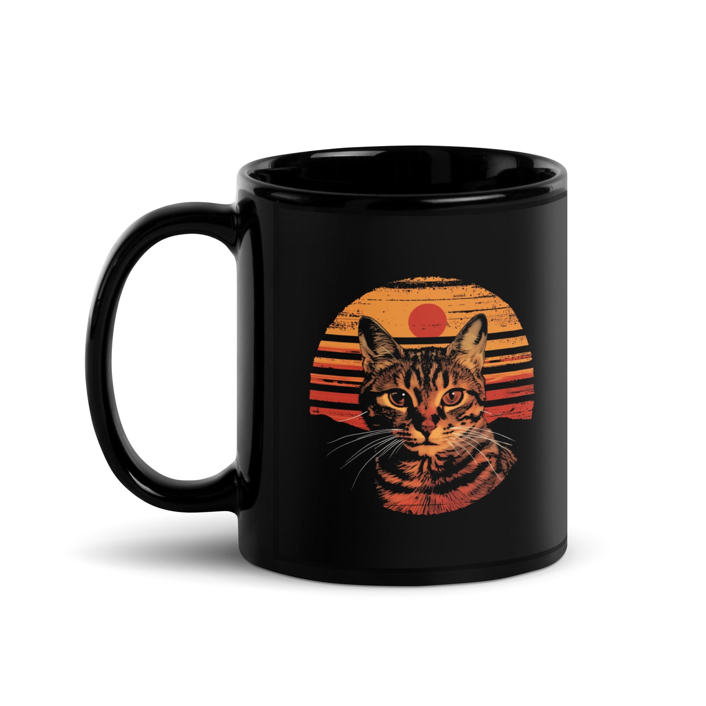 Tabby cat coffee  black mug with vintage sunset artwork 