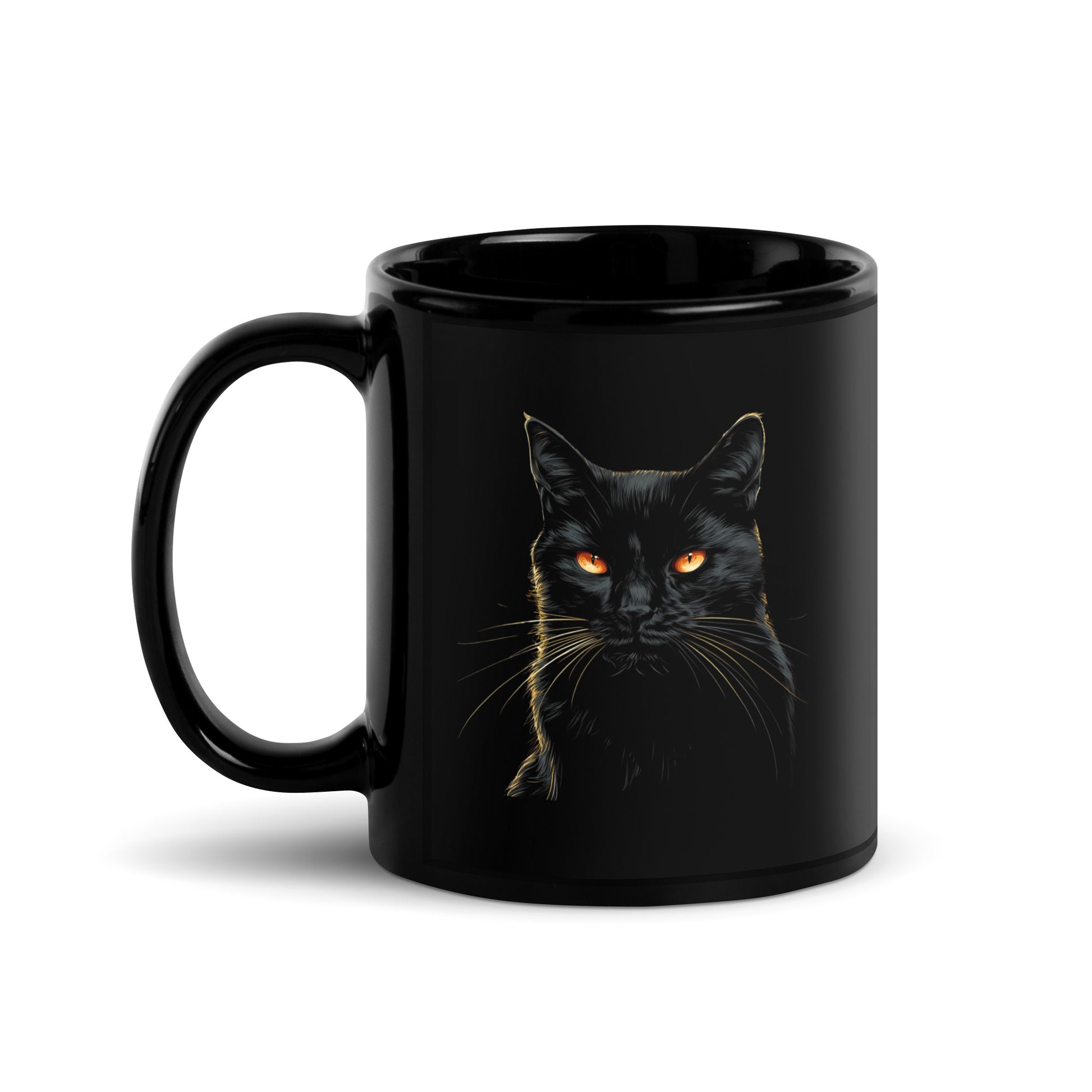 Black cat mug with glowing amber eyes On white backgrounds.
