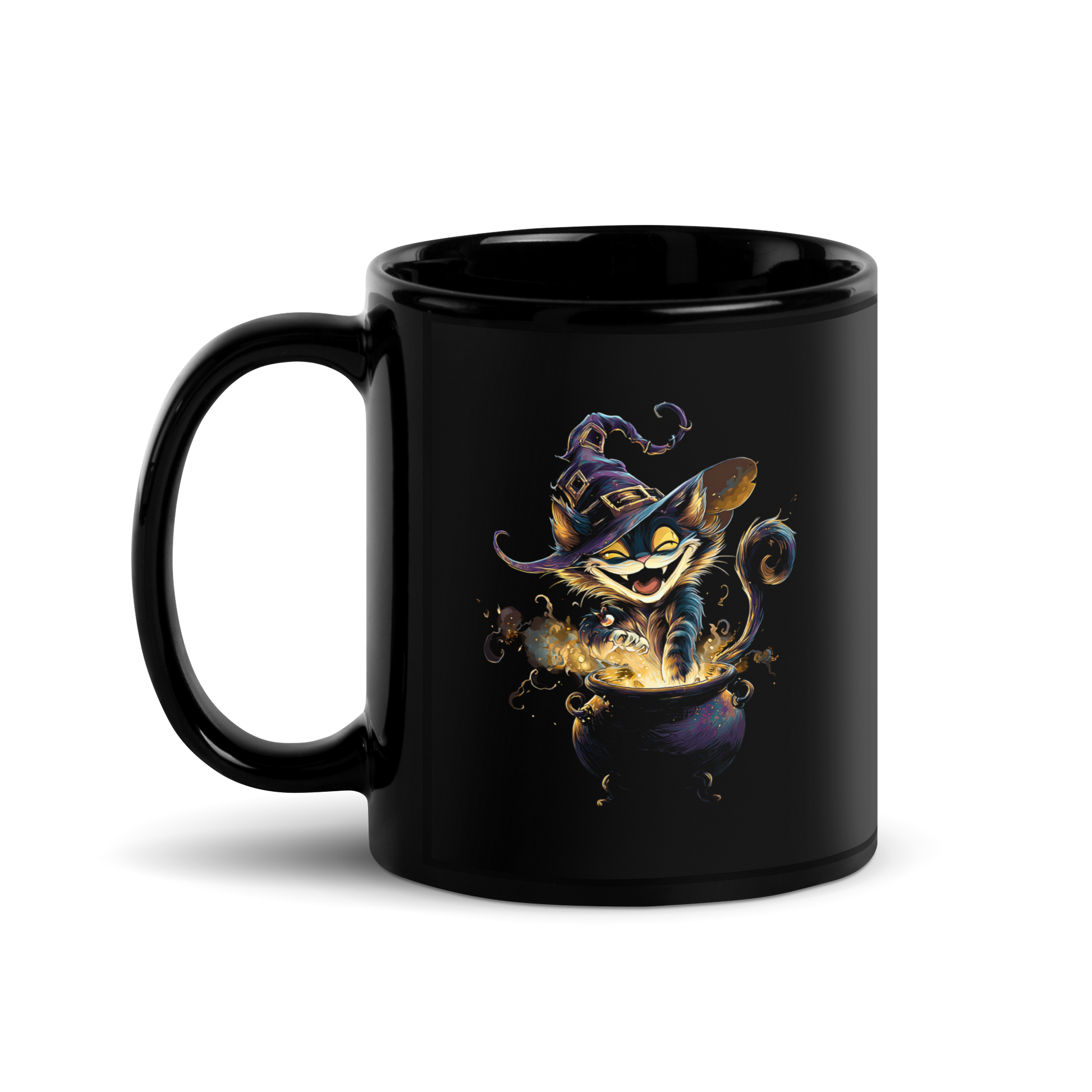Mockup of the Witchy Cat Mischief Mug against a colorful background