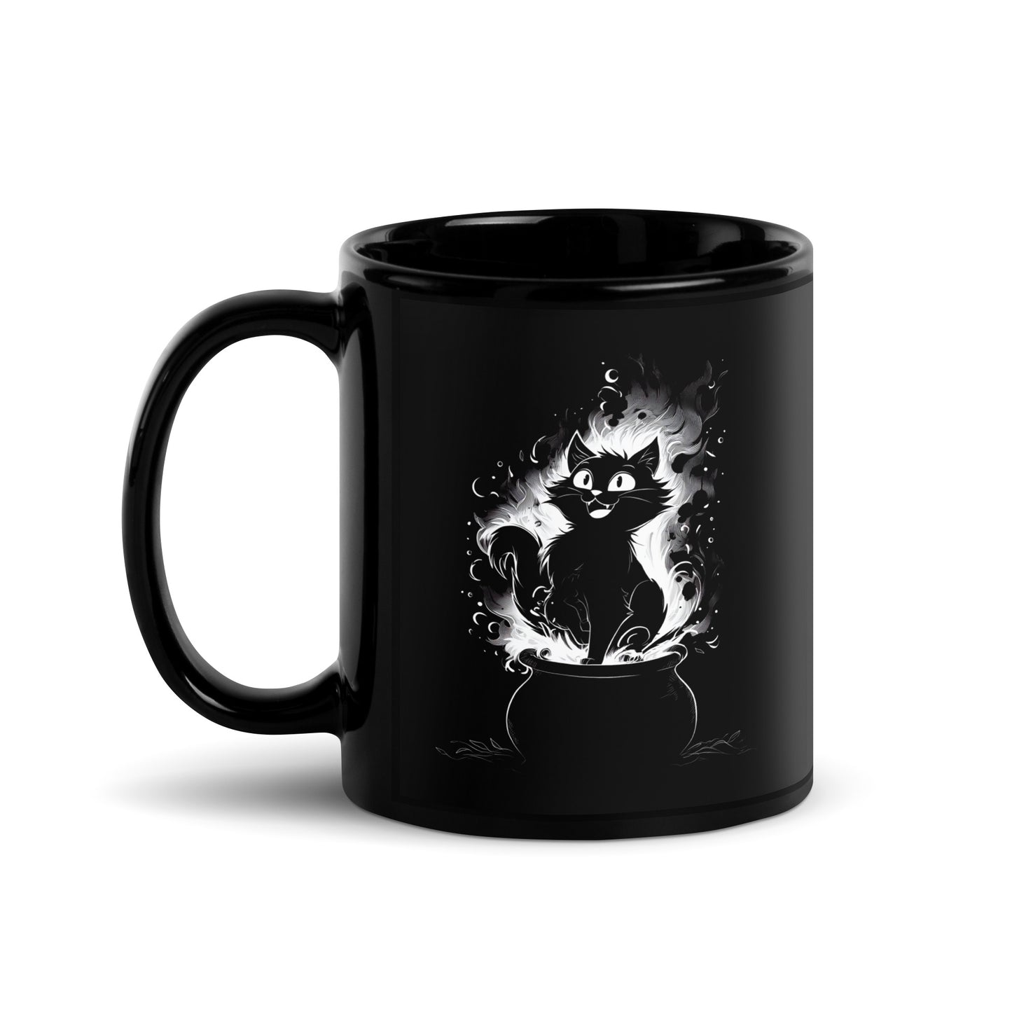 Mockup of the black cat mug against a minimalist background