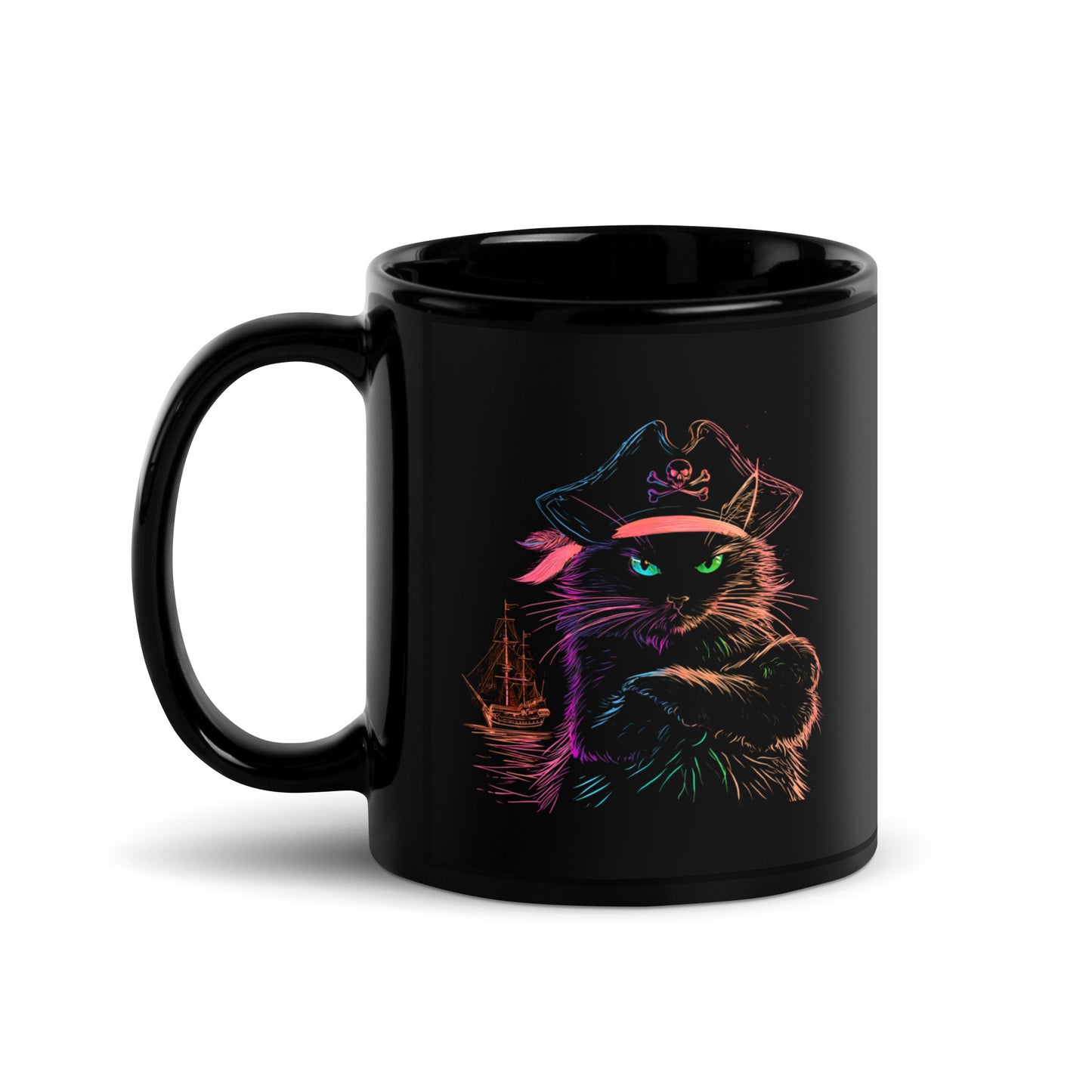 Black mug featuring a pirate cat with a ship in the background