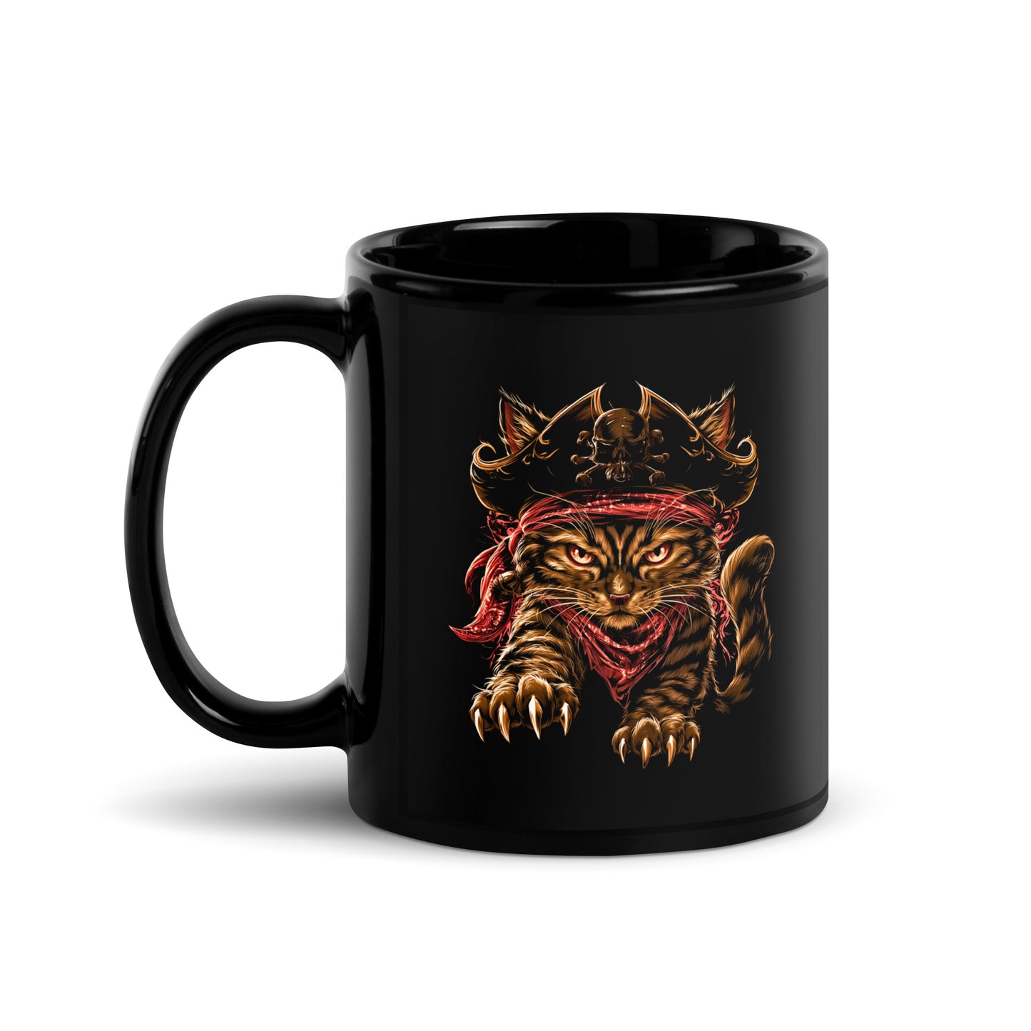 Black mug showcasing a pirate cat with a skull hat and red scarf, ready for adventure