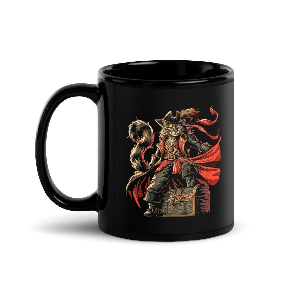 Black mug featuring a pirate cat design with a treasure chest