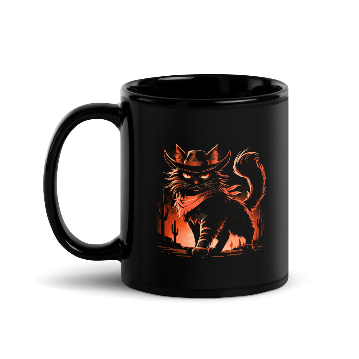 Black mug showcasing a cat dressed as a cowboy with a desert scene behind