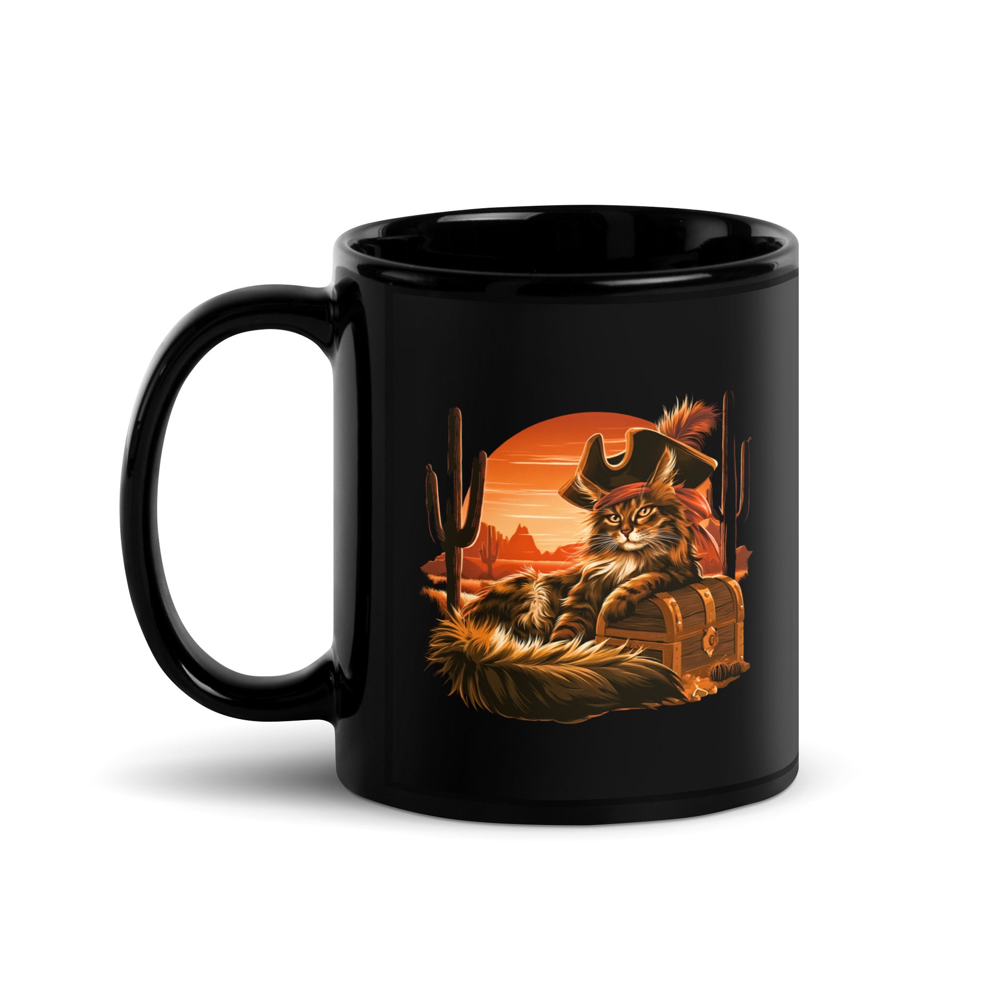 Black mug featuring a cat in a pirate hat with a treasure chest and desert background