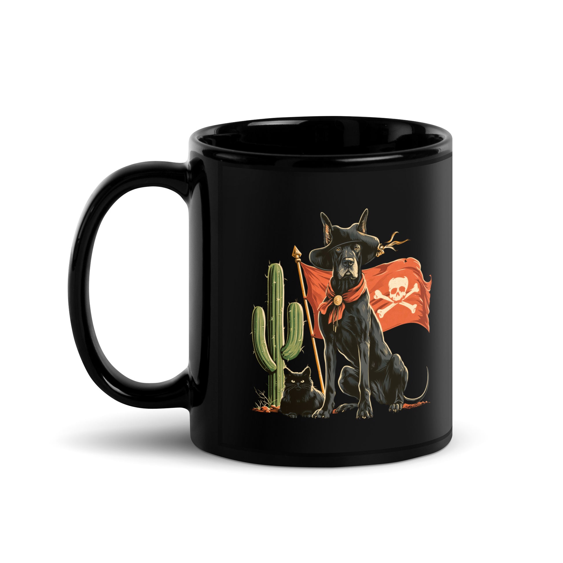 Black mug featuring a pirate dog with a cactus and a black cat