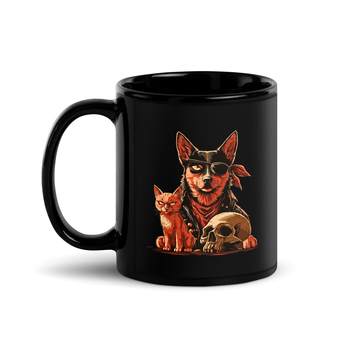 Black mug featuring a pirate dog and a cat with a skull