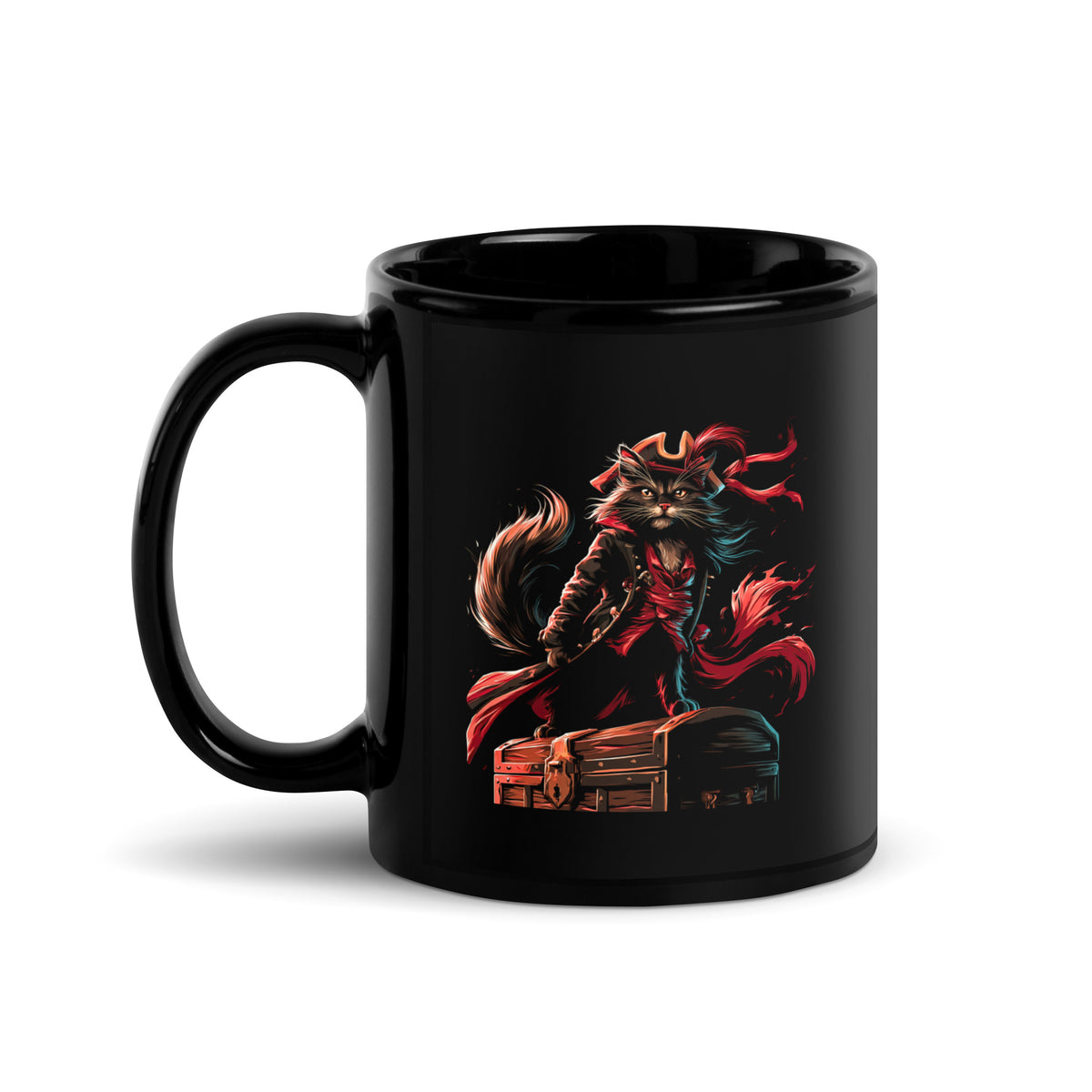 Black mug showcasing a pirate cat standing on a treasure chest