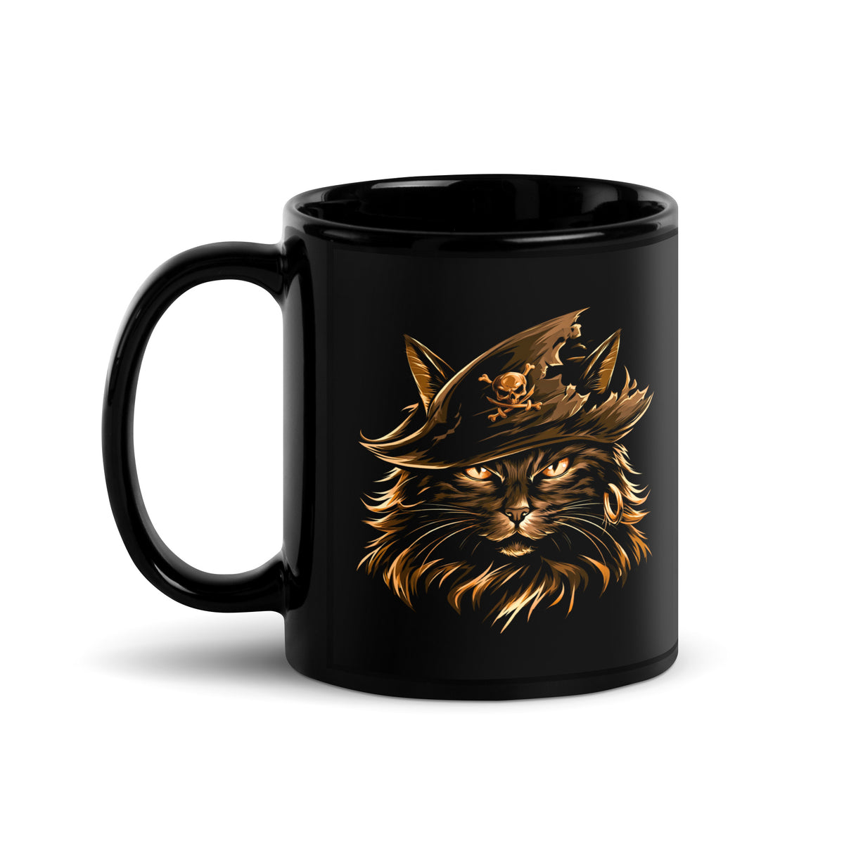 Black mug showcasing a pirate cat illustration with a hat and fierce expression