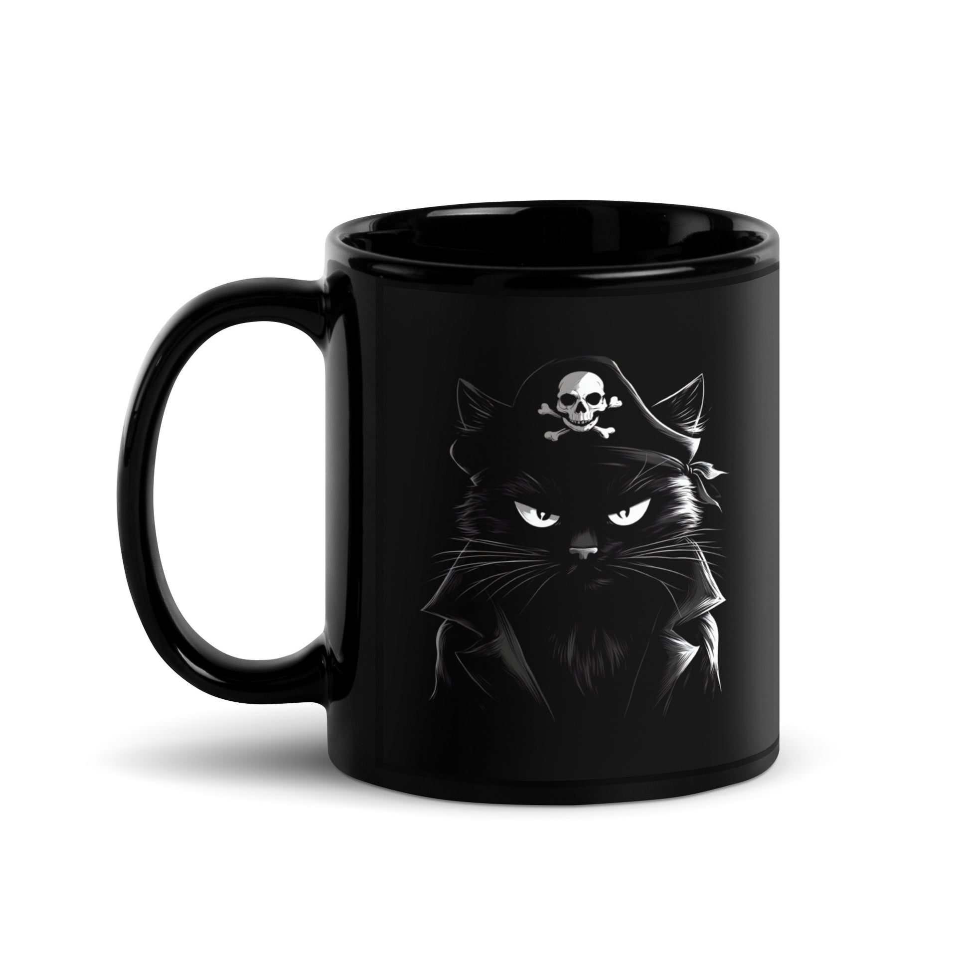 Black mug featuring a pirate cat design with a skull and crossbones