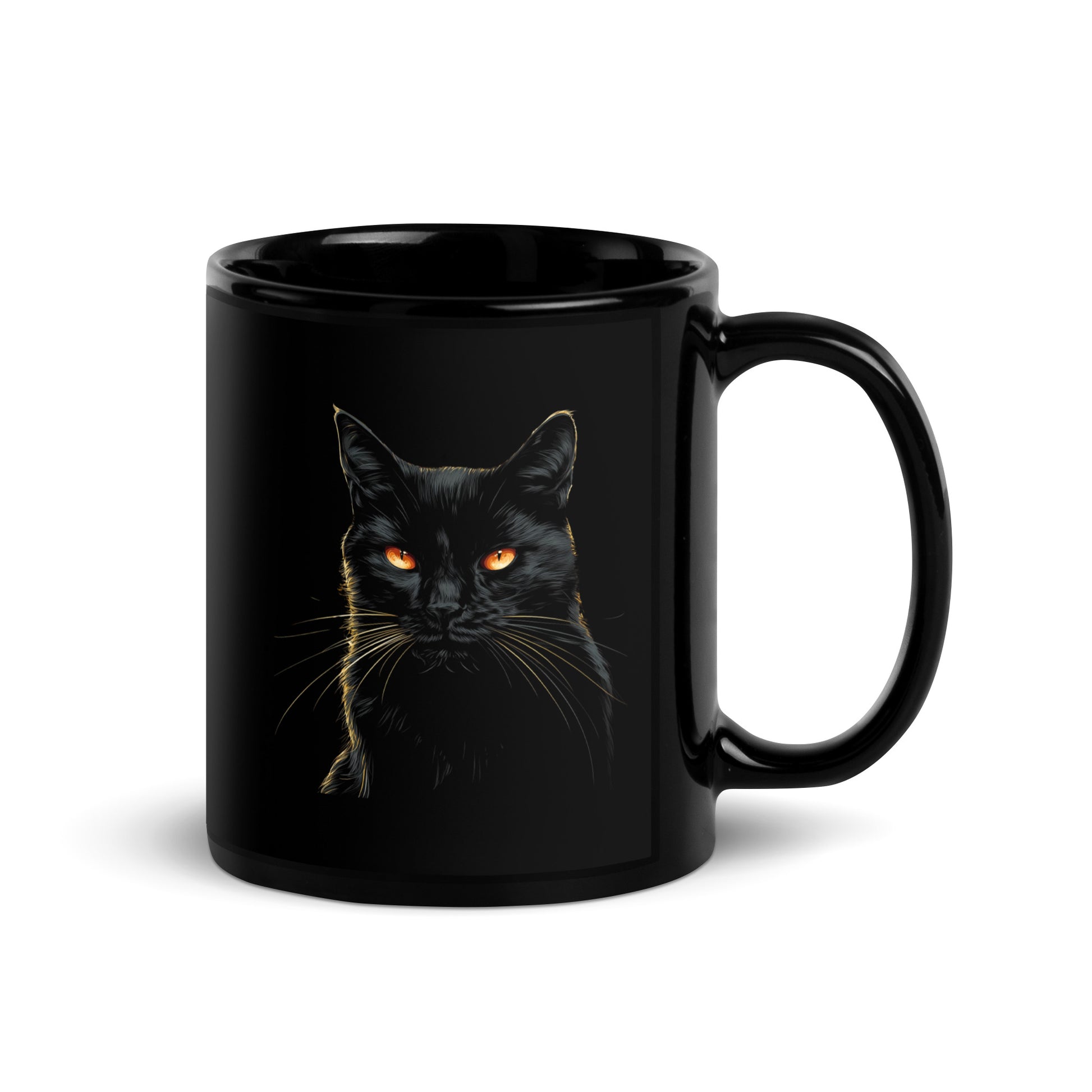 Black cat mug with glowing amber eyes on white backgrounds.