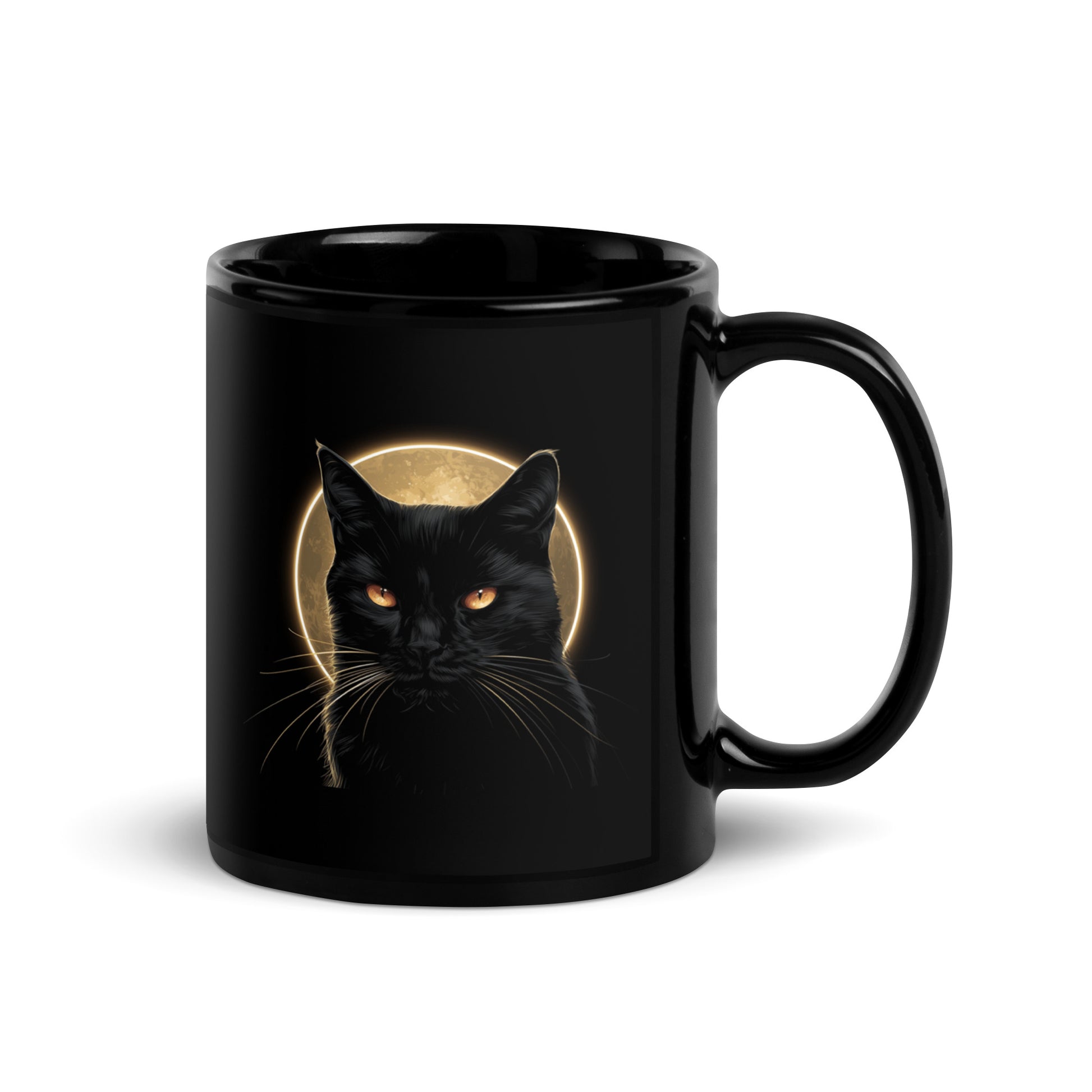 Black cat lover mug with celestial full moon design on black ceramic cup